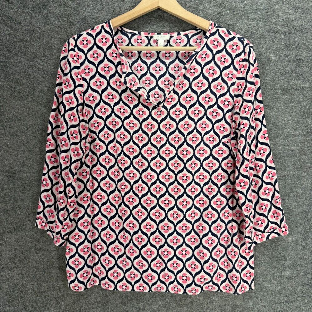 Talbots Blouse Women S Small Pink Geometric V-Neck Long Sleeve Pullover Casual
